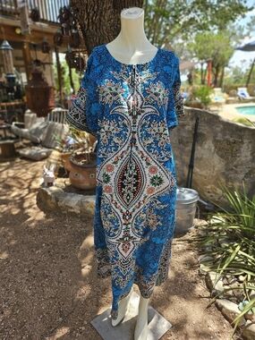 Blue Cotton Floral Maxi Afghan Dress with Boho Print L